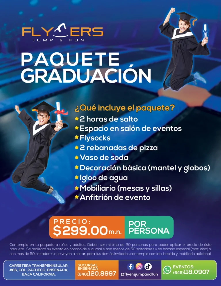 Paquete de graduación en Flyers Jump and Fun en Ensenada con un grupo de graduados celebrando.