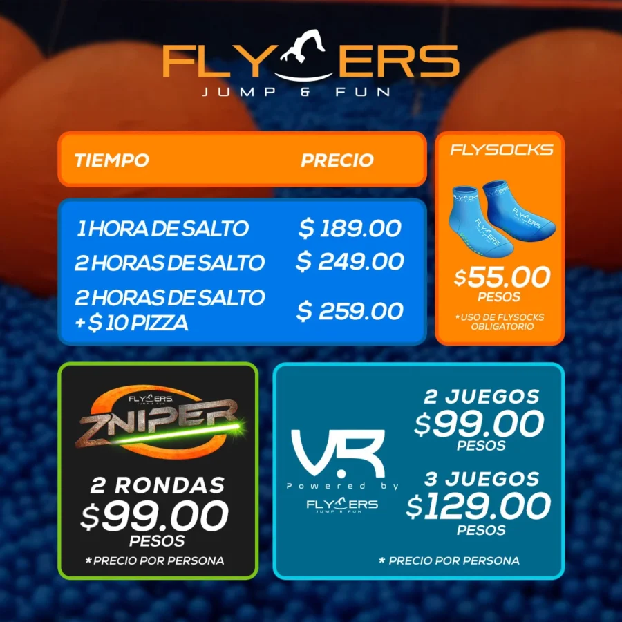 Tabla de precios de entrada en Flyers Jump and Fun Ensenada para julio de 2024.