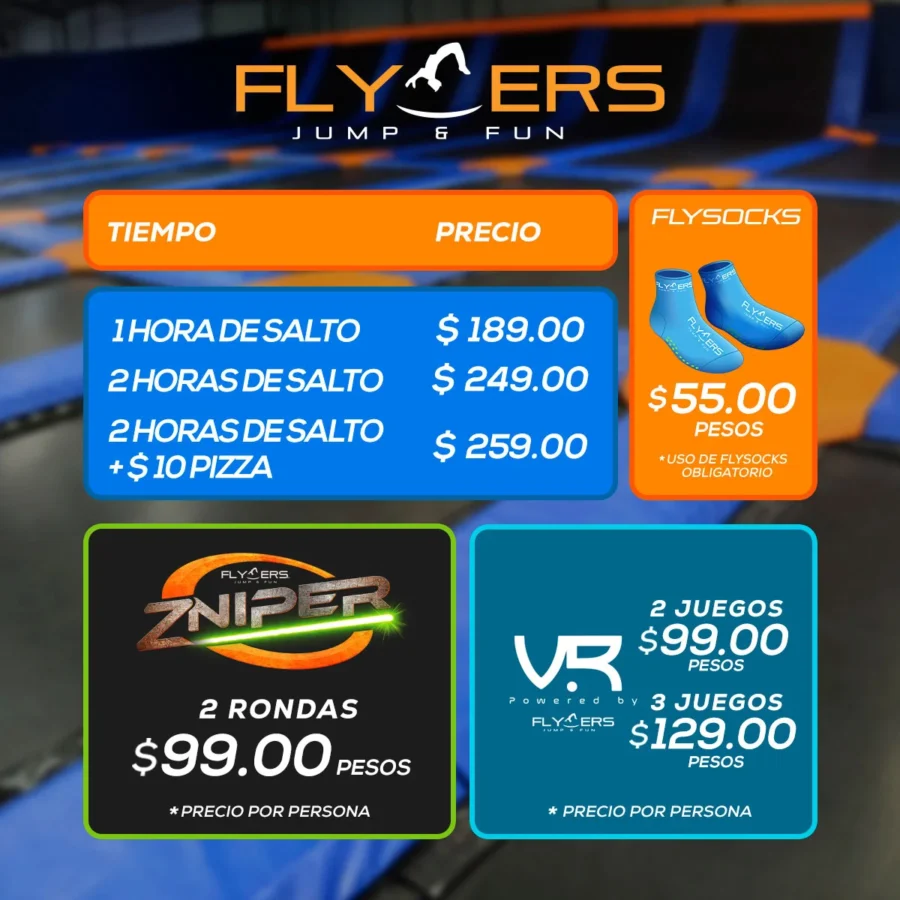 Tabla de precios de entrada en Flyers Jump and Fun Mexicali para julio de 2024.