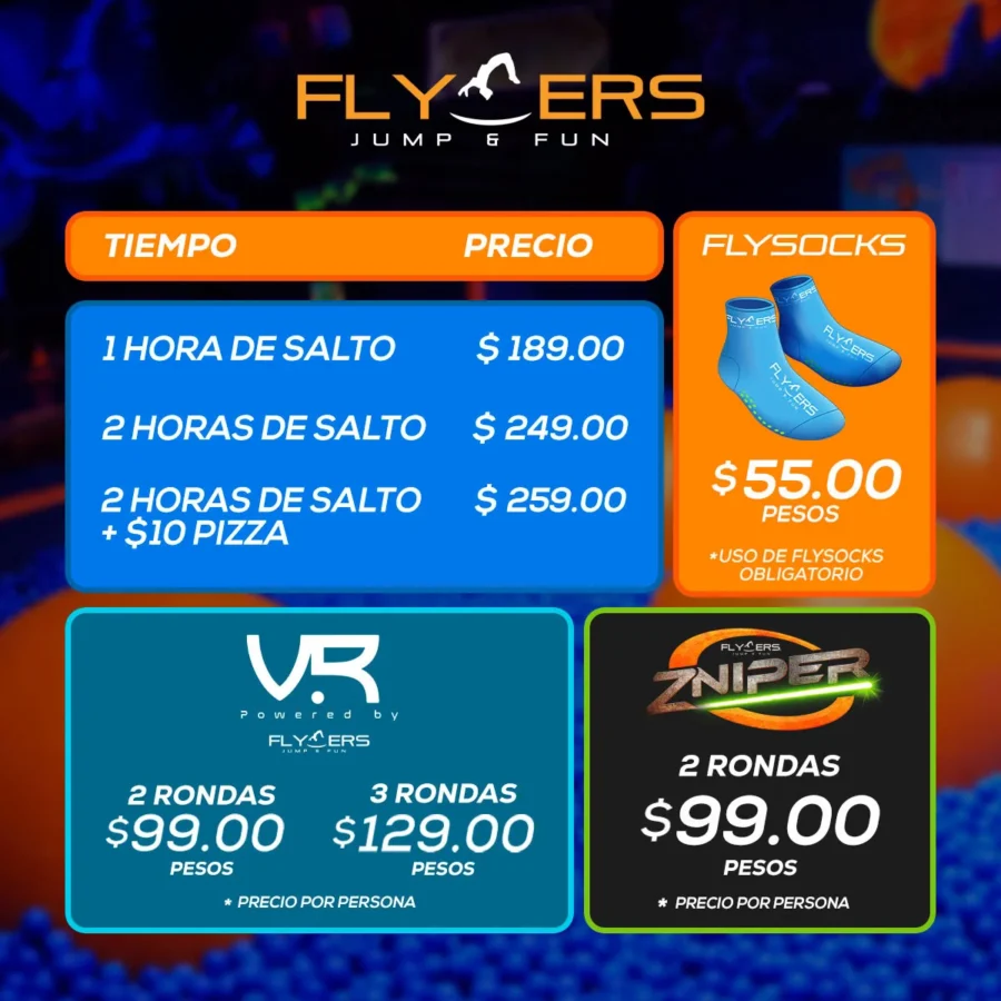 Tabla de precios de entrada en Flyers Jump and Fun Monarca para julio de 2024.