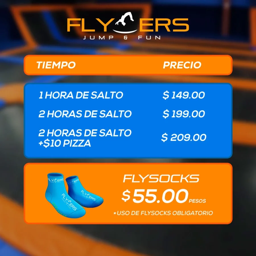 Tabla de precios de entrada en Flyers Jump and Fun Oasis para julio de 2024.