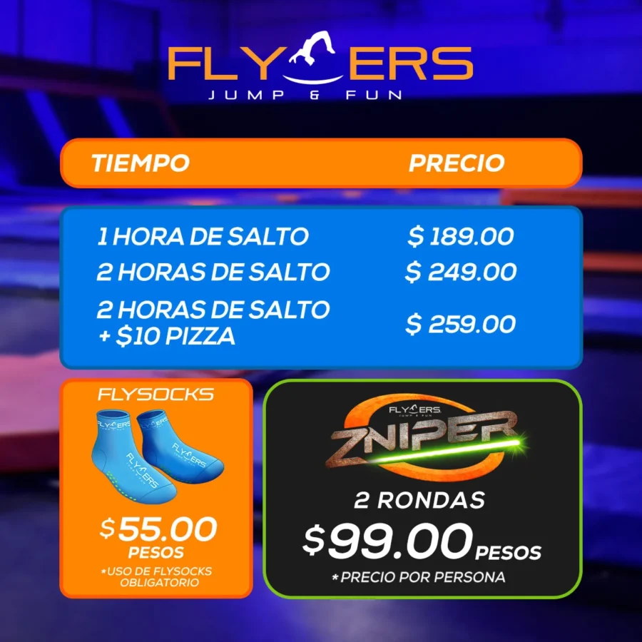 Tabla de precios de entrada en Flyers Jump and Fun Pajarita para julio de 2024.